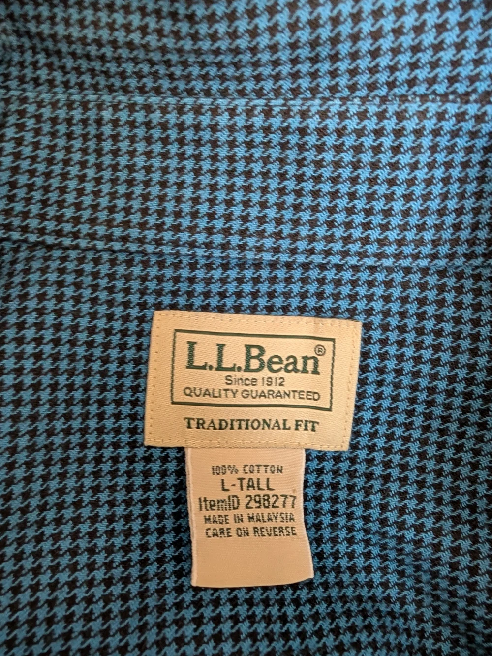 L.L. Bean Blue Black Houndstooth Cotton Flannel Button-Down Shirt - L Tall